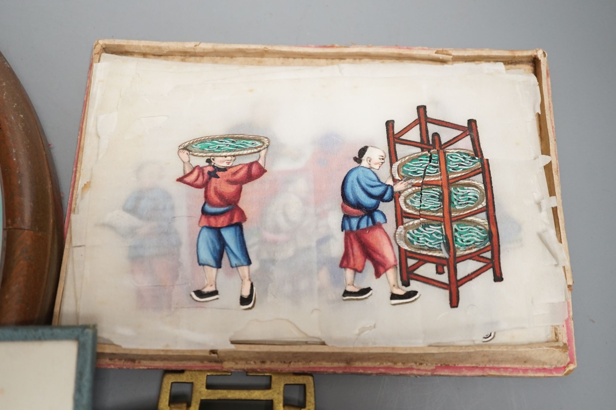 A group of Chinese pith paintings of court figures, production etc. and a pair of Chinese enamelled porcelain plates